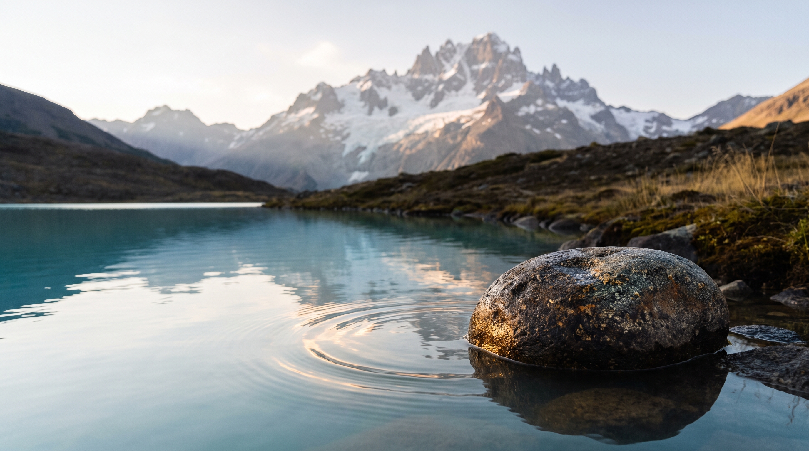 Una piedra a la orilla del agua y Cerro Castillo al fondo, en Patagonia.